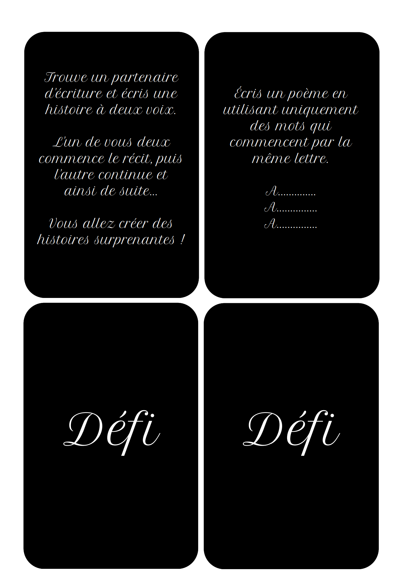 Le jeu des 24 cartes créatives comporte 4 catégories de cartes (défi,
citation, moi, le Sais-tu ?) est un outil pour développer la créativité
de manière ludique et interactive. 