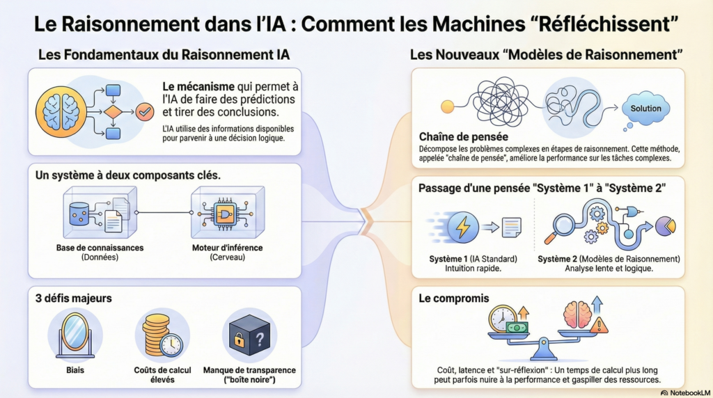ahneman décrit un Système 1, rapide, automatique et intuitif, qui nous permet de reconnaître un visage ou de comprendre une phrase simple sans effort. Il décrit également un Système 2, lent, délibéré et logique, que nous mobilisons pour résoudre un problème complexe.

Or, les grands modèles de langage (LLM) fonctionnent par défaut comme un Système 1 surpuissant. Ils génèrent des réponses de manière quasi instantanée en prédisant le mot suivant le plus probable, ce qui explique leur fluidité mais aussi leur tendance aux erreurs factuelles, aux incohérences et aux « hallucinations ».